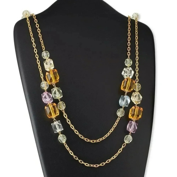 PinkDiva Jewelry - Super Long Chunky Gold Chain Amber Clear Faceted Acrylic Beads Necklace
